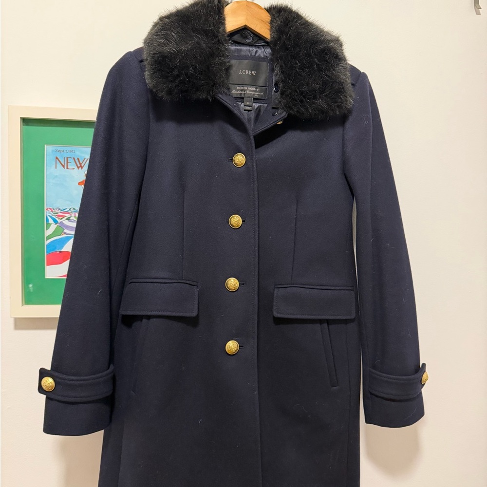 J. Crew Navy Wool Pea Coat with Black Faux Fur Collar Size 6